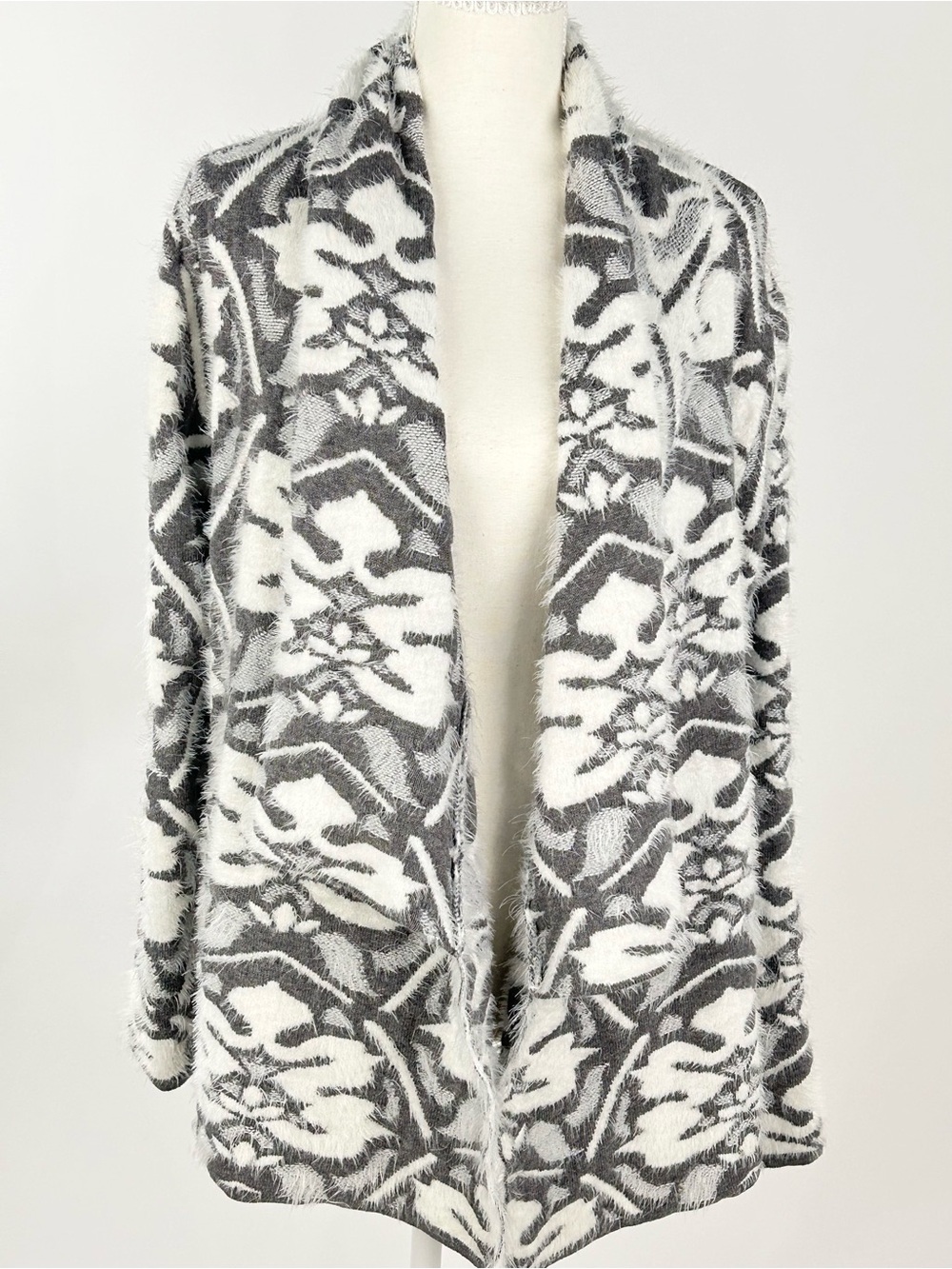 Joan Vass New York Gray Ivory Fuzzy Floral Open Front Cardigan L